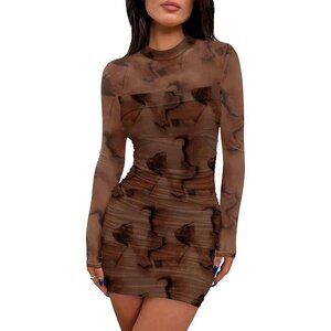 Women's Brown Print Long Sleeve Ruched Bodycon Neck Mini Party Dresse